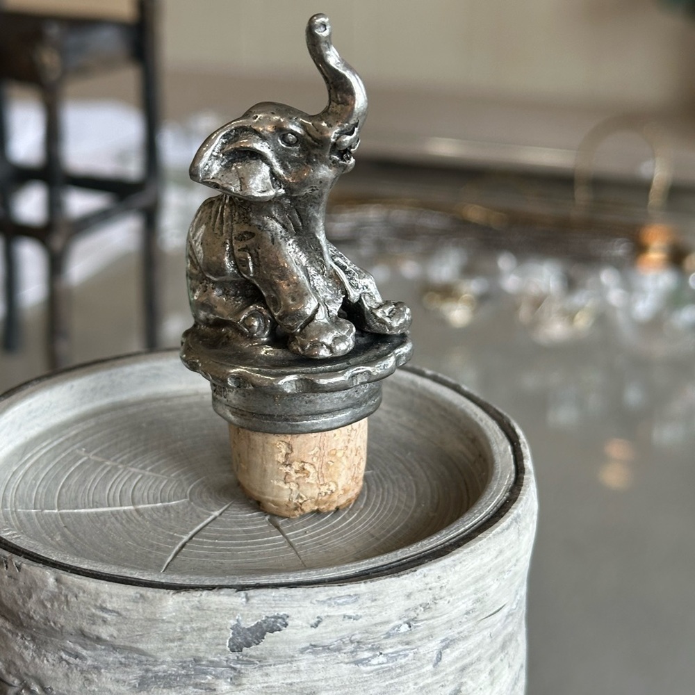 Pewter Cork wine bottle stopper. Elephant with trunk up.